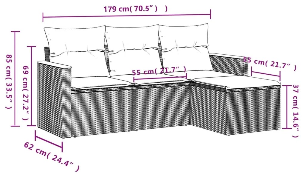 4 pcs conjunto de sofás para jardim c/ almofadões vime PE bege