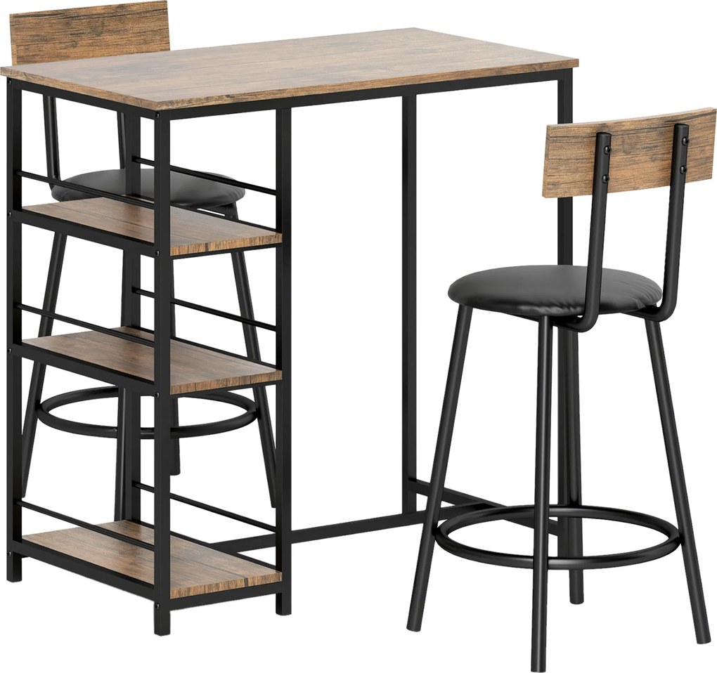 HOMCOM Conjunto de jantar 3 peças com mesa alta e 2 banquetas, conjunto compacto para cozinha com prateleiras laterais, MDF, metal, preto | Aosom Portugal