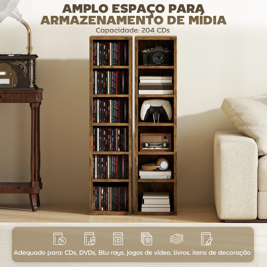 Conjunto de 2 Estantes para CDs e DVDs com 12 Compartimentos Prateleiras Ajustáveis 21x22,5x88,5 cm Castanho Rústico