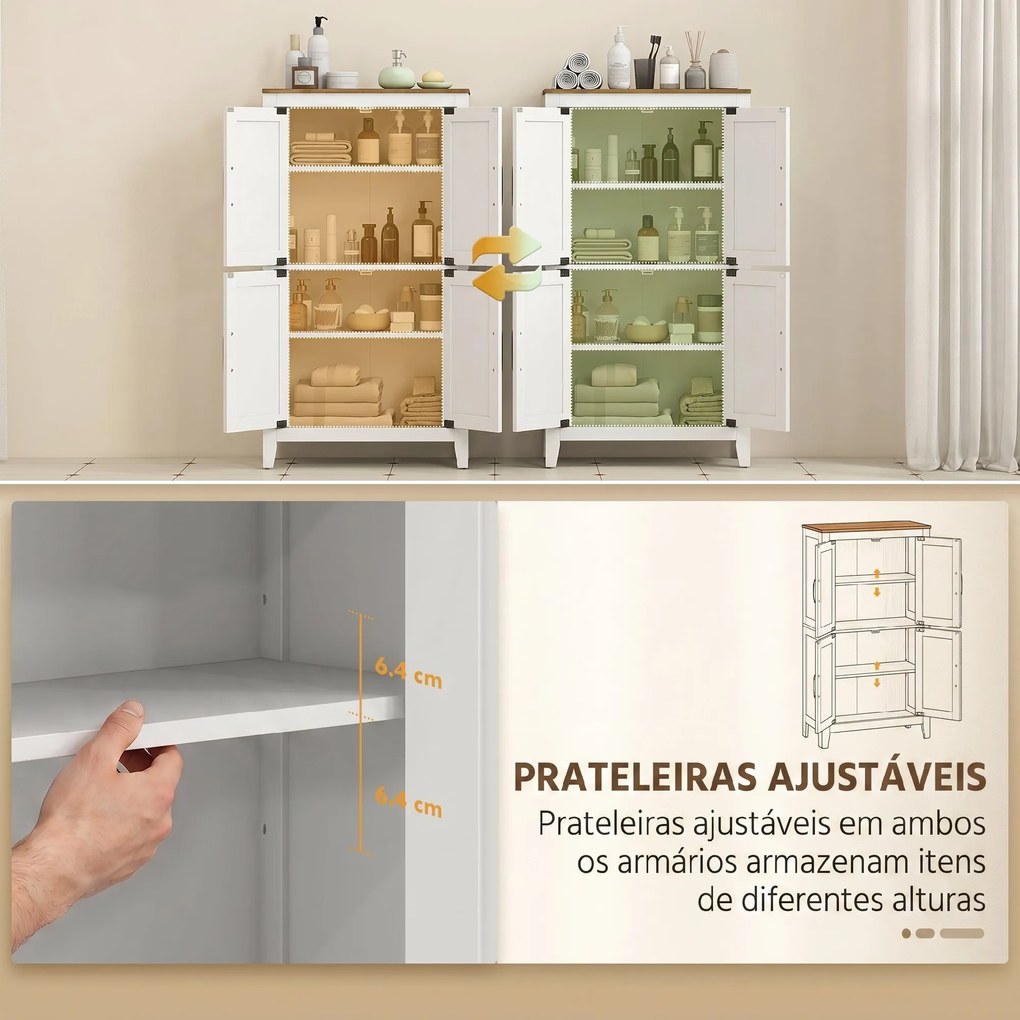 Armário Estreito para Casa de Banho com Portas Estilo Celeiro, 4 Prateleiras Ajustáveis, 60x30x110 cm, Branco