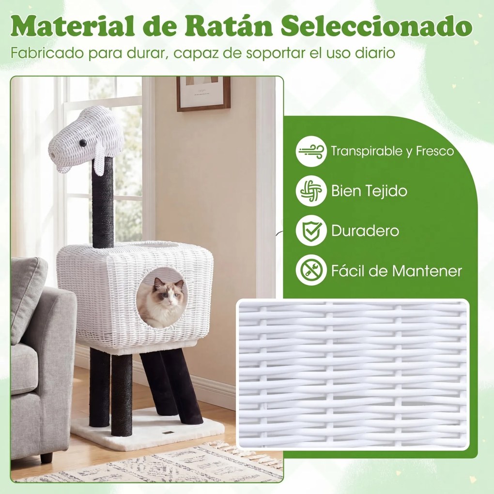Arranhador para gatos 35,5 x 47 x 110 cm em rattan PE com postes de sisal, almofada felpuda, bola suspensa, 2 entradas, casinha em forma de cordeiro,