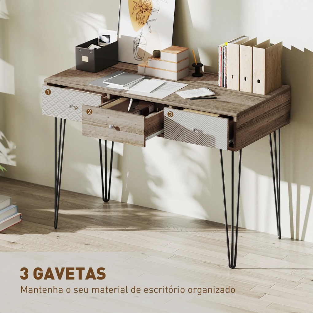 Secretária Estilo Boémio Mesa Secretária com 3 Gavetas e Pés de Ferro para Escritório Dormitório Tocador 105x50x75 cm Madeira