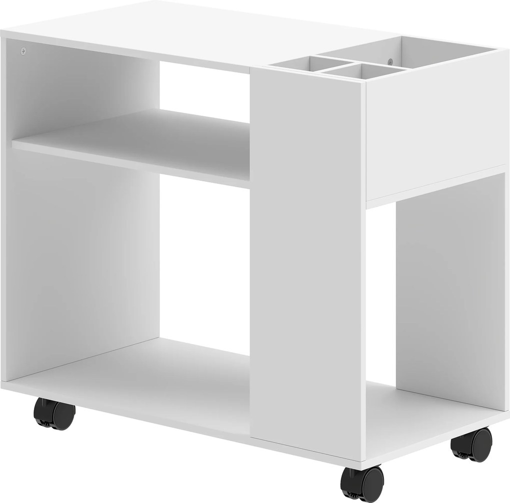 Mesa escritorio impressora com Rodas Compartimentos Superiores e Prateleiras Abertas 70x36x60 cm Branco