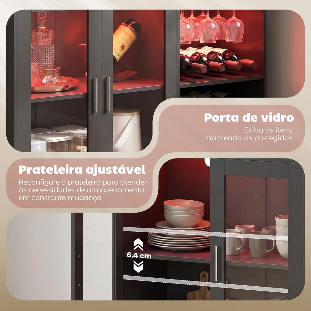 Móvel de Bar com Luzes LED RGB e Porta-Garrafas para 12 Garrafas Armário Buffet para Vinhos para Sala de Jantar Sala de Estar Preto
