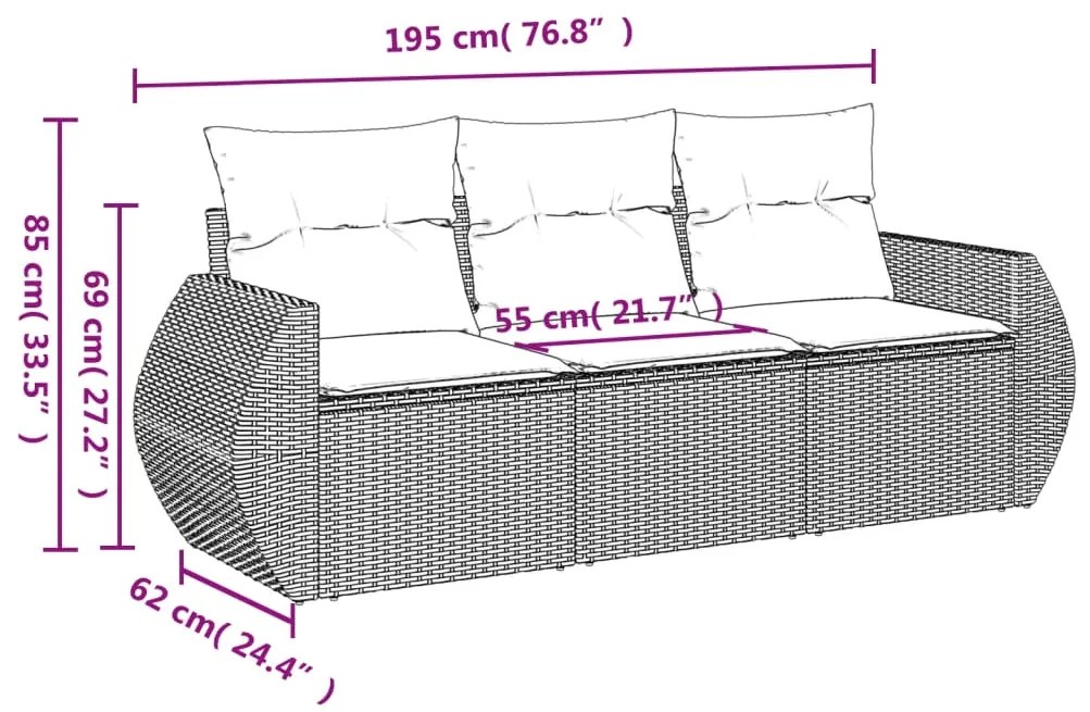 3 pcs conjunto sofás de jardim com almofadões vime PE preto