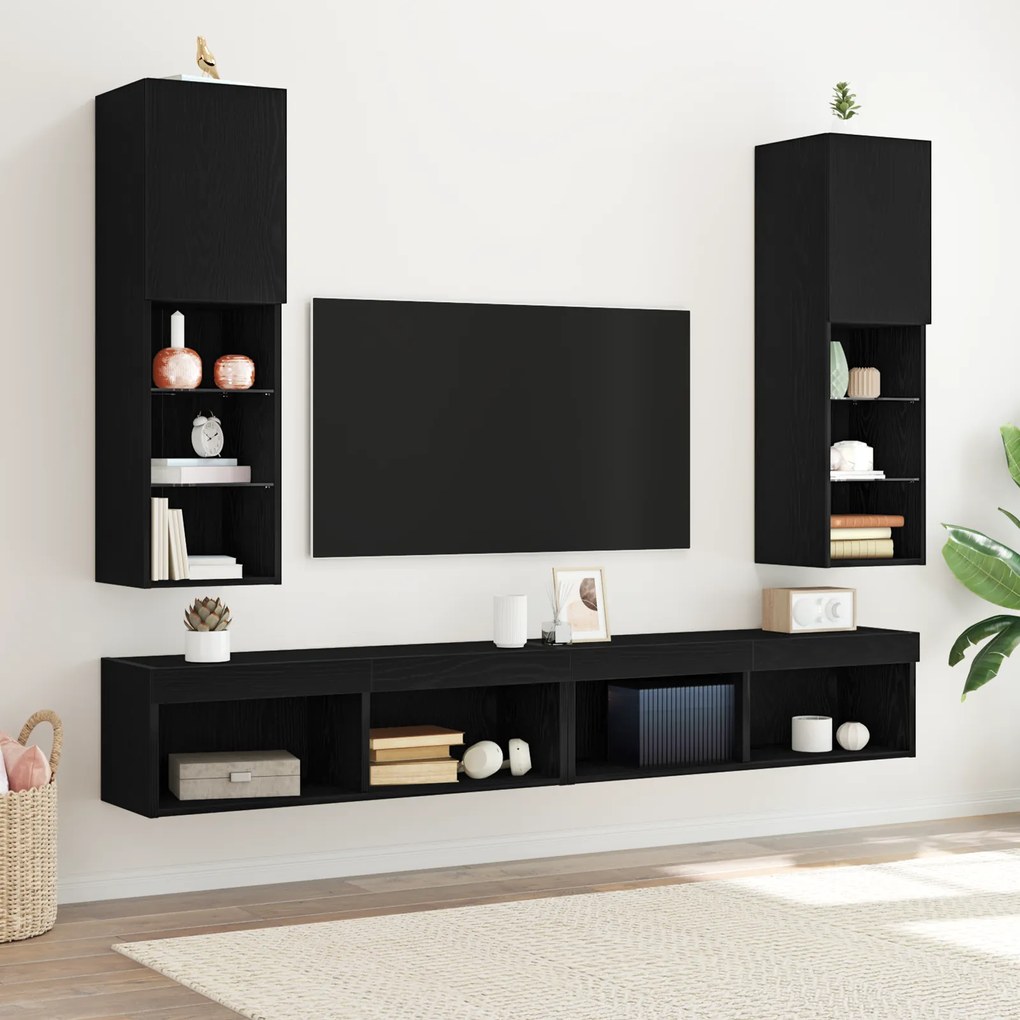 Cabinet de TV LED vidaXL 2 peças Carvalho Preto 30,5x30x102 cm Madeira de Engenharia
