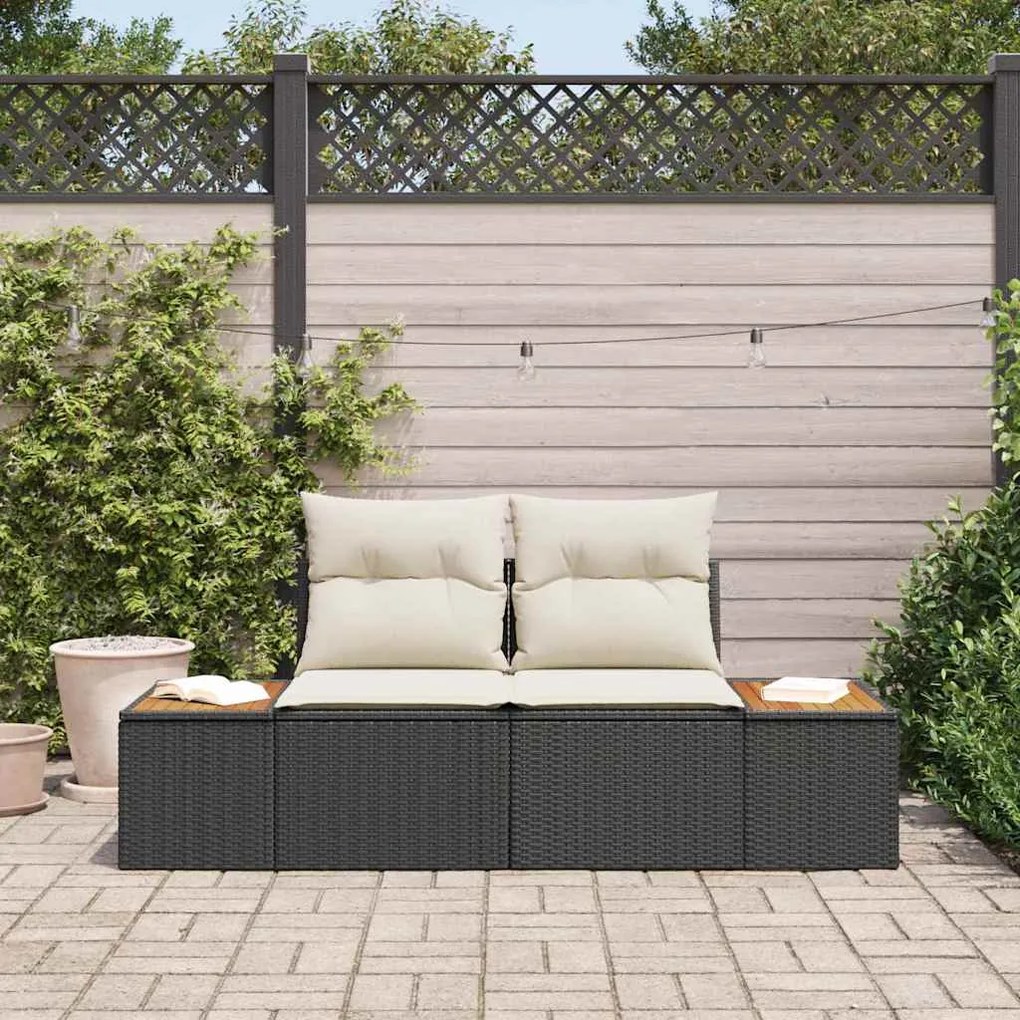 Sofá de Jardim 2 Lugares com Almofadas Preto em Rattan Sintético