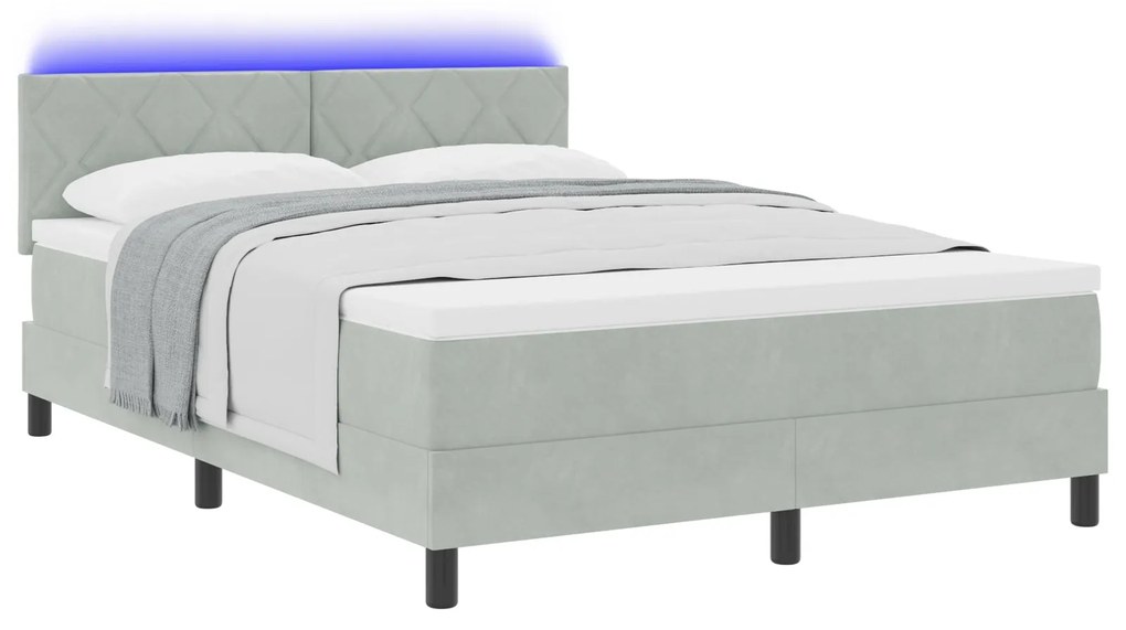 Cama Box com Colchão e Luz LED Cinza Claro 140x200 cm Veludo