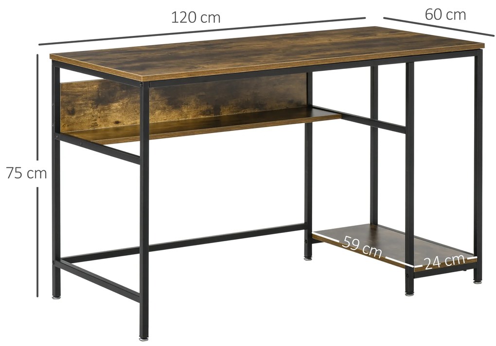 HOMCOM Secretária Estilo Industrial com Prateleiras Estrutura de Metal e Madeira para Estúdio Casa Escritório 120x60x75cm Marrom Rústico