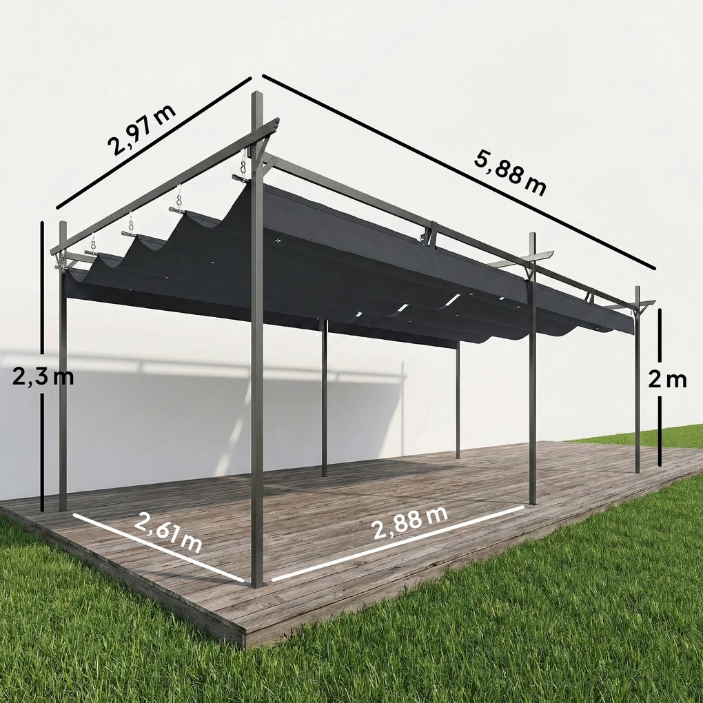 Pérgola com Teto Retrátil de Alumínio 588x297x230 cm Pérgola com Tecido de Poliéster Anti UV Pérgola de Jardim Cinzento Escuro