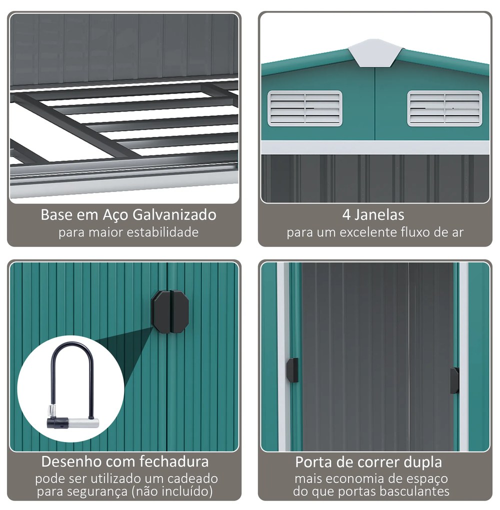 Outsunny Abrigo de Jardim 260x206x179cm 4,7m² Abrigo de Aço Galvanizado com Portas de Correr e Ventilações para Armazenamento de Ferramentas Verde