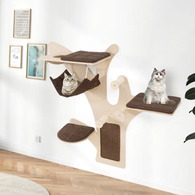 Arranhador de gatos de parede com rede, poleiro, arranhadores de sisal e almofadas Natural+Castanho