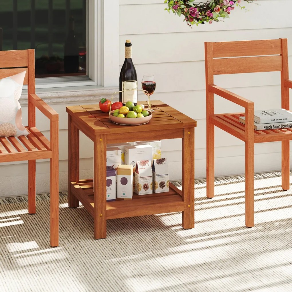 Mesa apoio jardim de 2 níveis em madeira maciça 45 x 45 x 44 cm, com prateleira de arrumação, pequena e quadrada, para pátio, jardim ou terraço Natura