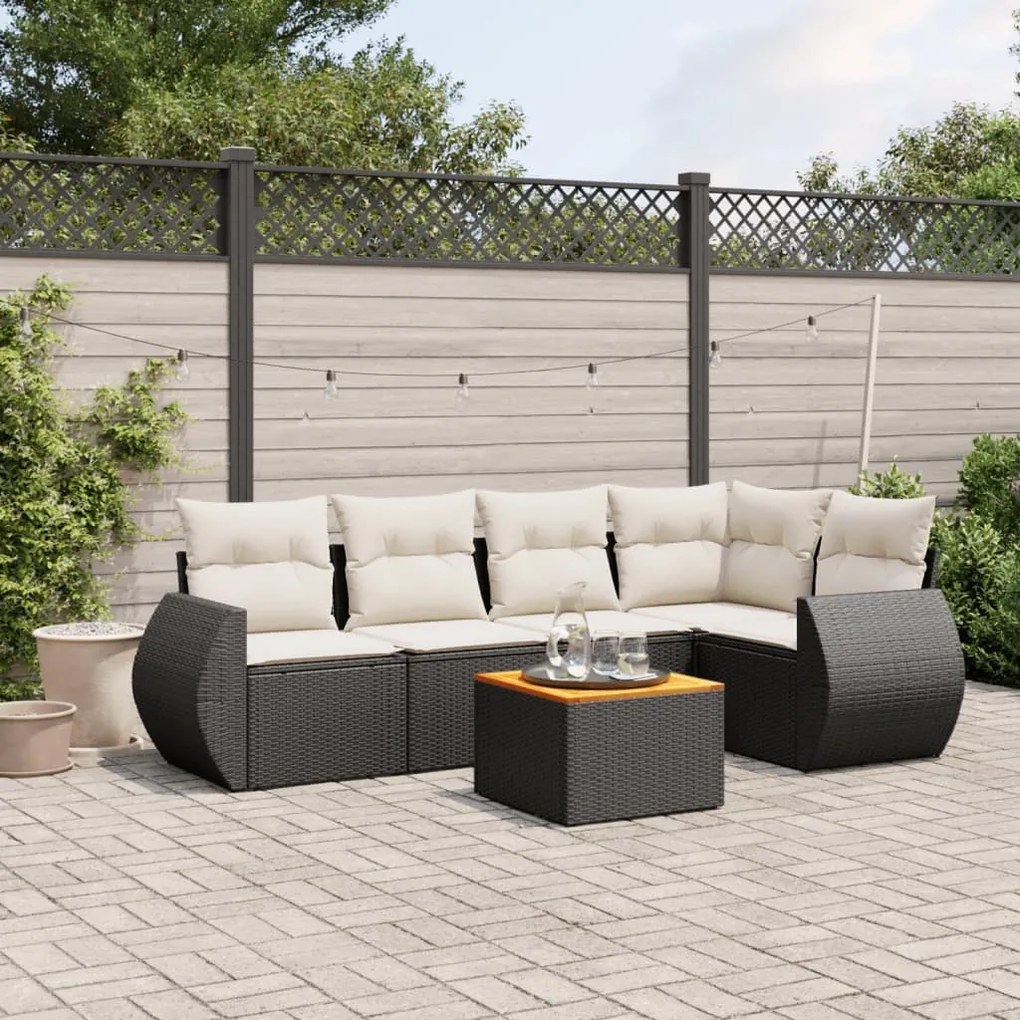 6 pcs conjunto sofás de jardim c/ almofadões vime PE preto