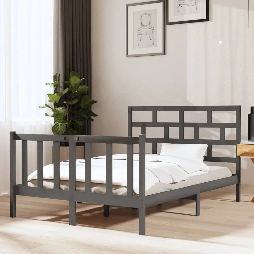 vidaXL Estrutura de cama casal 135x190 cm pinho maciço cinza