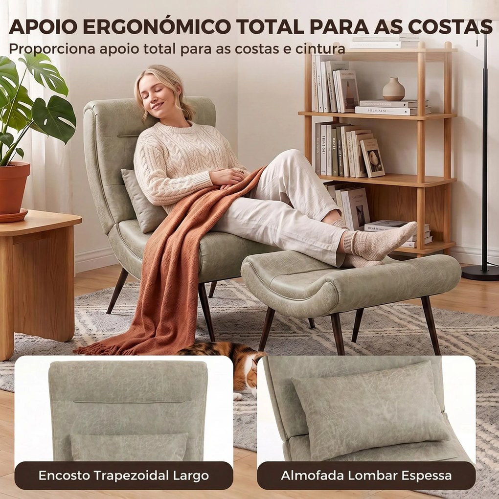 Poltrona Retro com Apoia-pés em Leathaire e Almofada Lombar, Branco Creme