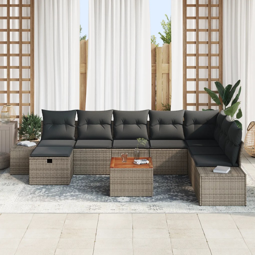 Conjunto de Sofás de Jardim de 9 Peças com Almofadas Cinza Vime Poliés