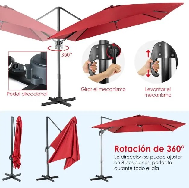 Guarda-sol 300 cm para jardim com manivela, 3 inclinações, rotação de 360°, 8 varas, base cruzada Vermelho