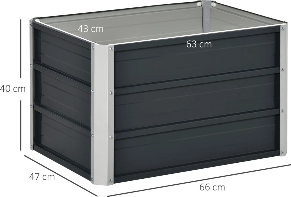 Floreira quadrada, elevado em aço galvanizado, fundo aberto, design extra profundo, 66 x 47 x 40 cm, cinzento escuro