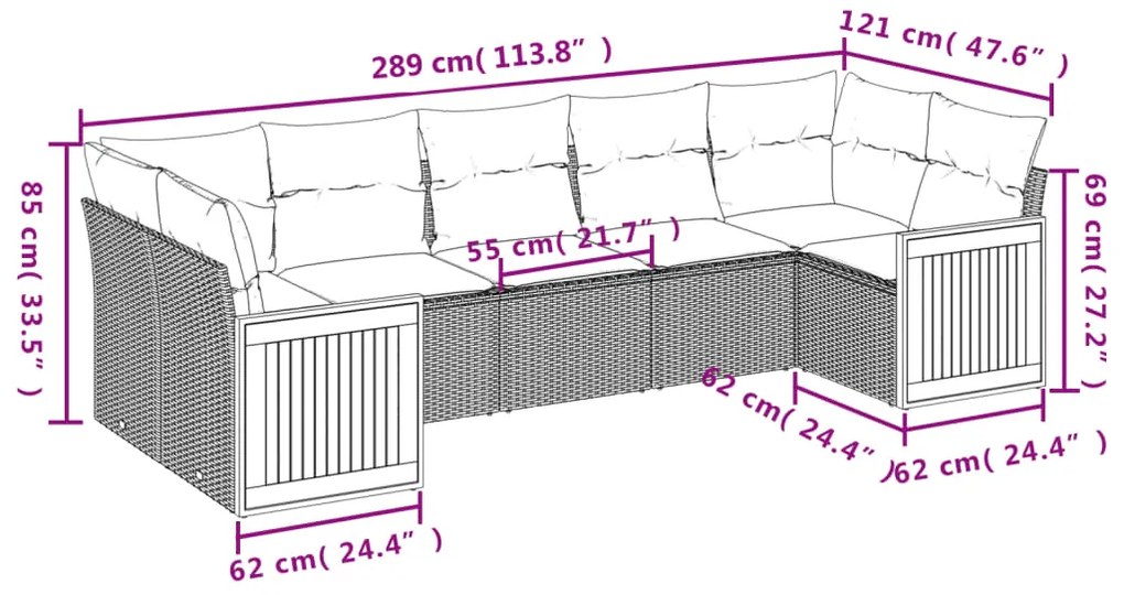 7 pcs conjunto de sofás p/ jardim com almofadões vime PE bege