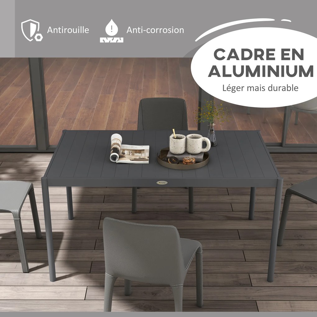 Mesa de jardim retangular para 6 pessoas em alumínio, com tampo de ripas, 145 x 90 x 74 cm, cinzenta