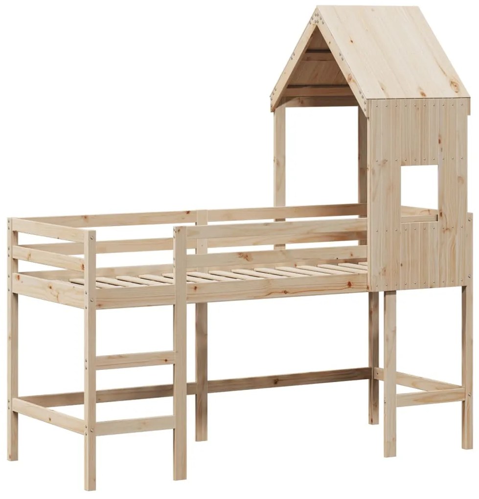 Cama alta c/ escada e telhado 80x200 cm pinho maciço