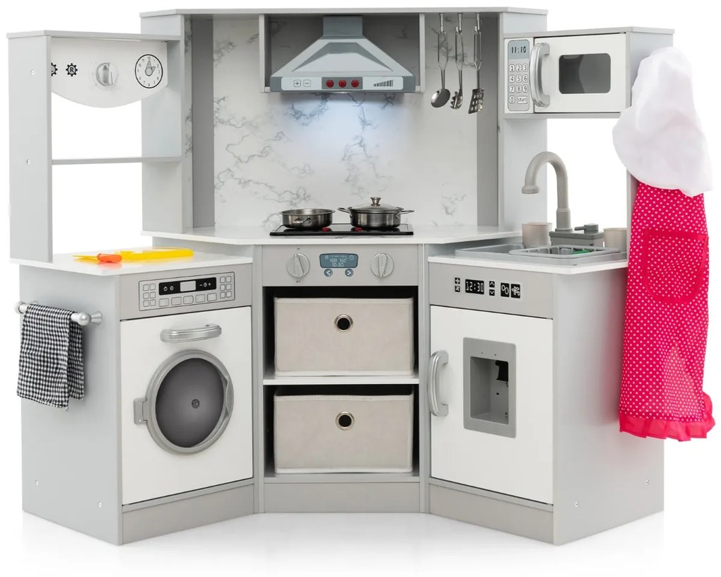 Cozinha brincar de madeira com luzes e sons realistas, dispensador de água e máquina de lavar para crianças a partir dos 3 anos cinzento