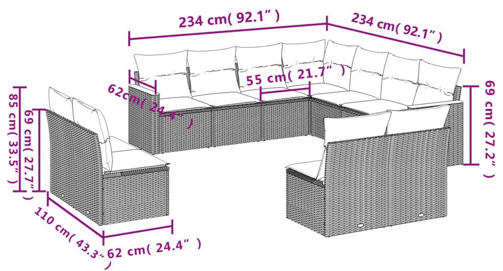 11 pcs conjunto sofás de jardim c/ almofadões vime PE cinzento