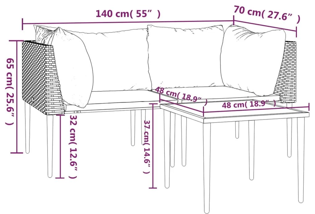 3 pcs conjunto lounge de jardim c/ almofadões vime PE cinzento