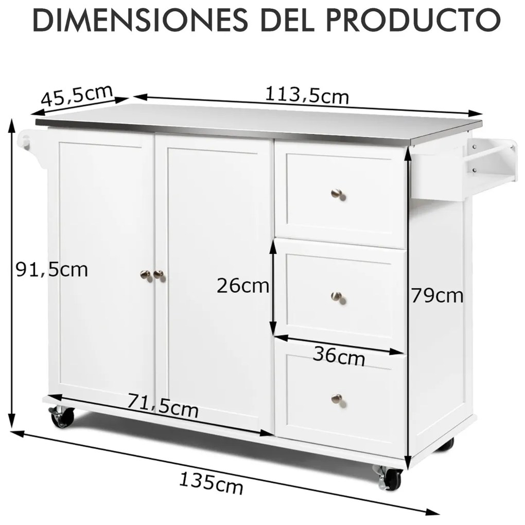 Carrinho de ilha de cozinha com bancada em aço inoxidável Estantes ajustáveis Gavetas 135 x 45,5 x 91,5 cm Branco