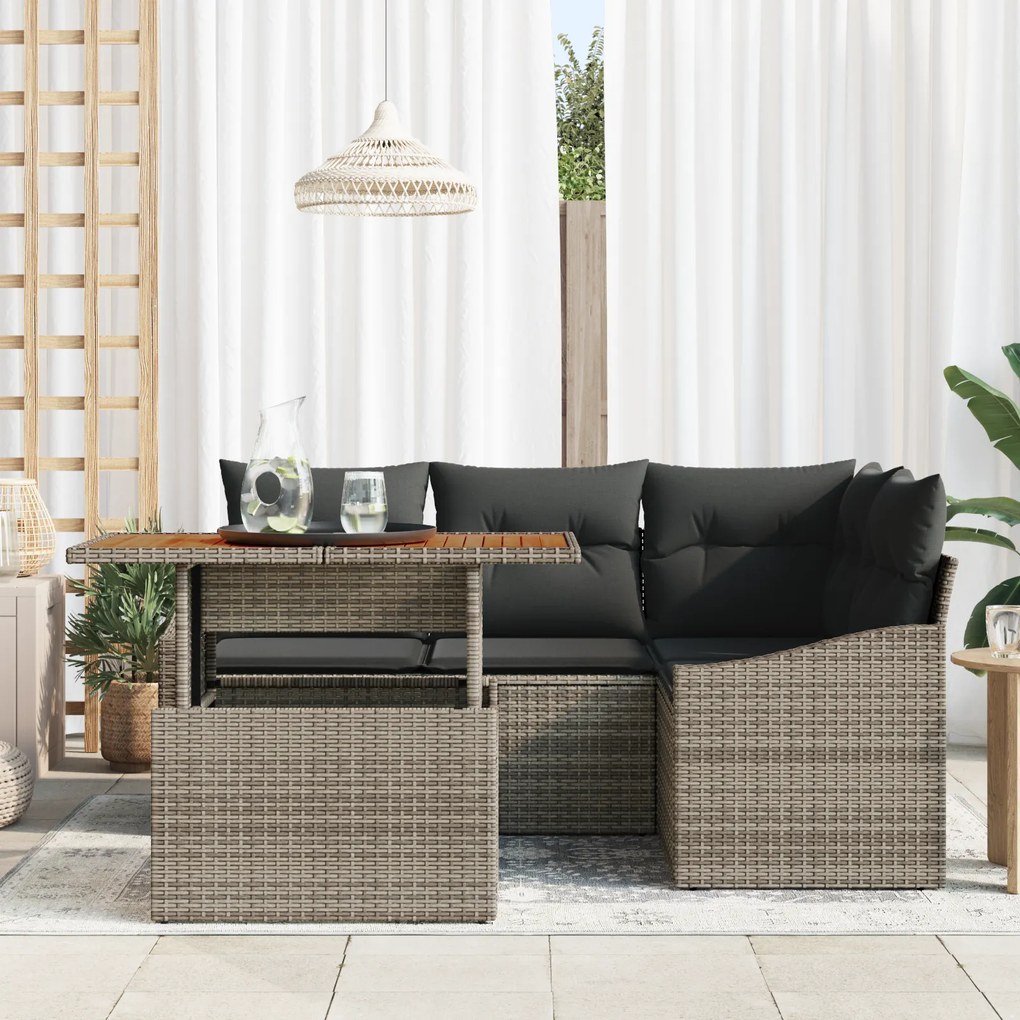 Conjunto de Sofás de Jardim de 5 Peças com Almofadas Cinza Ratan Poly