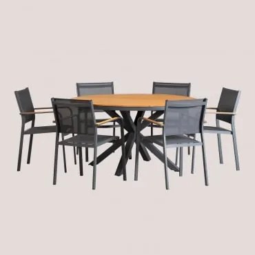 Conjunto De Mesa Redonda Ø140 Cm Em Madeira De Eucalipto E 6 Cadeiras De Jardim Empilháveis Em Alumínio Archer Cinza Grafito - Sklum