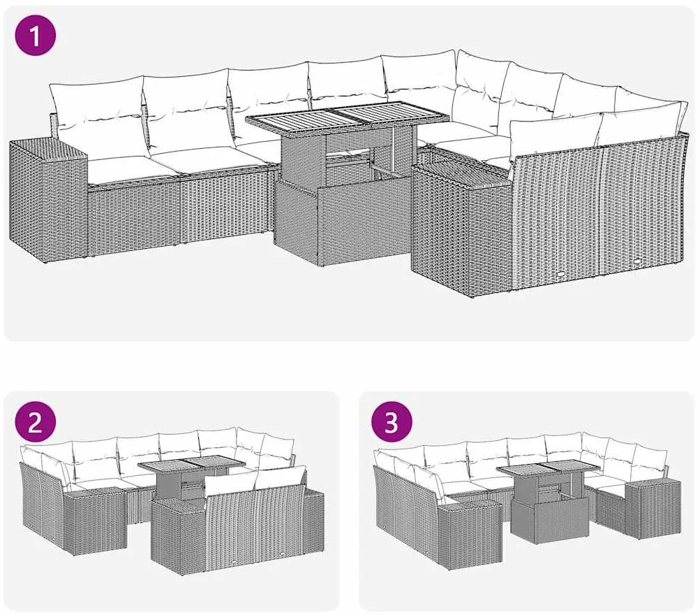 10 pcs conjunto sofás jardim c/ almofadões vime PE/acácia preto