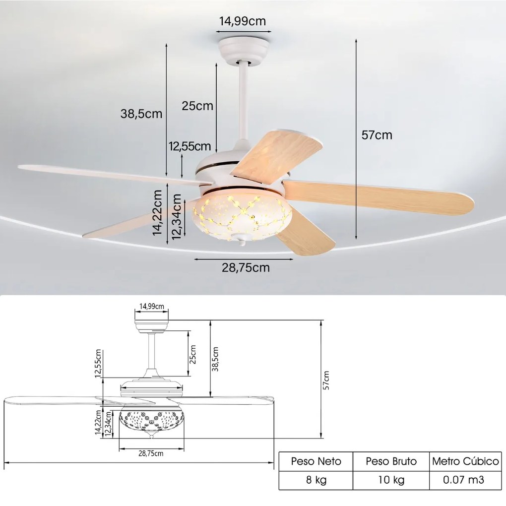 Ventilador de teto de 132 cm com controle remoto 2 hastes e 5 aletas reversíveis Ventilador interno para casa Branca