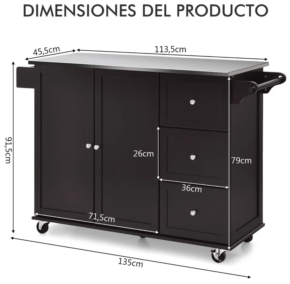 Carrinho de ilha de cozinha com bancada em aço inoxidável Estantes ajustáveis Gavetas 135 x 45,5 x 91,5 cm Castanho