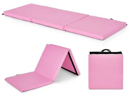 Tapete de ginástica dobrável triplo de 6 x 2 pés com alças e capa removível com zíper - rosa e roxo
