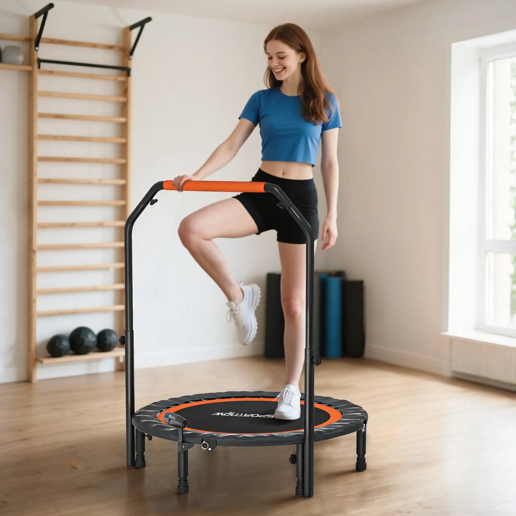 Trampolim de fitness e ginástica com pega ajustável, dobrável, 6 pés, 28 molas, Ø 102 cm, preto e vermelho