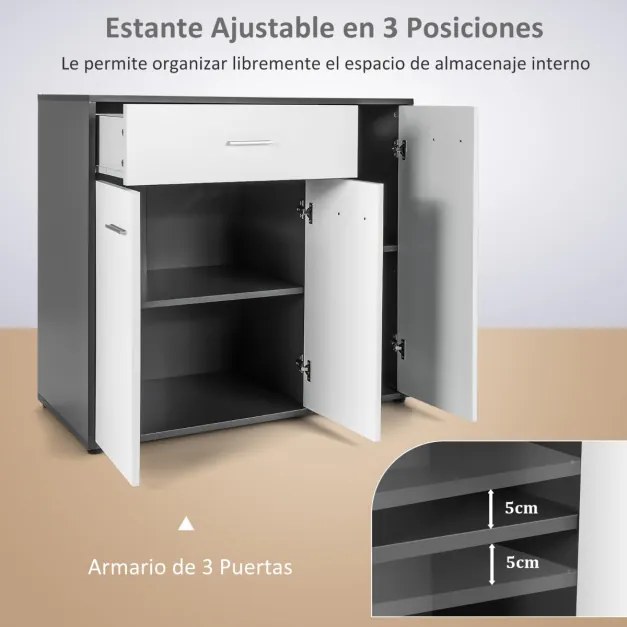 Aparador moderno de chão com 3 portas, dispositivo anti-queda e Estante ajustável para cozinha, sala de jantar, hall de entrada 88 x 40 x 80 cm Preto