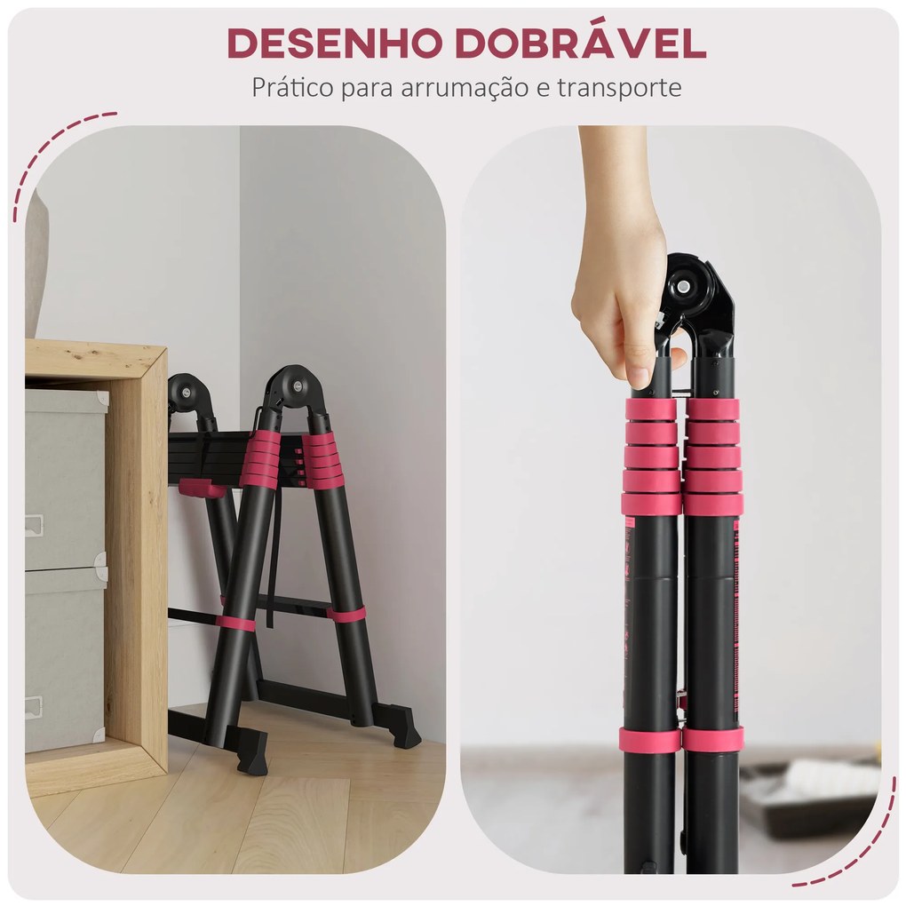 Escada de Alumínio Dobrável 2 Formas de Utilização Retrátil Escada Telescópica com 12 Degraus 67,5x11x379 cm Preto e Vermelho