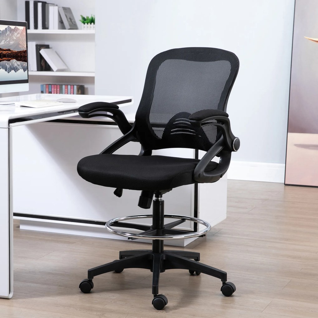Cadeira de escritório ergonómica, com apoio para os pés com encosto em malha, altura ajustável, braços, assento almofadado e giratório a 360°, preta