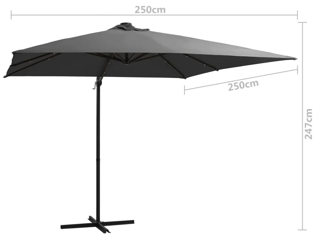 Guarda-sol cantilever luzes LED/poste aço 250x250 cm antracite
