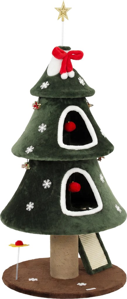 Árvore Arranhadora para Gatos 132 cm com 2 Casinhas, Design de Natal, Escada de Sisal, Verde