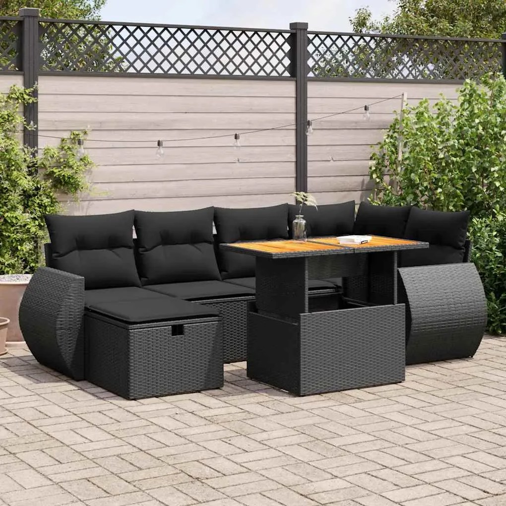 vidaXL 8 pcs conjunto sofás jardim com almofadões vime PE/acácia preto