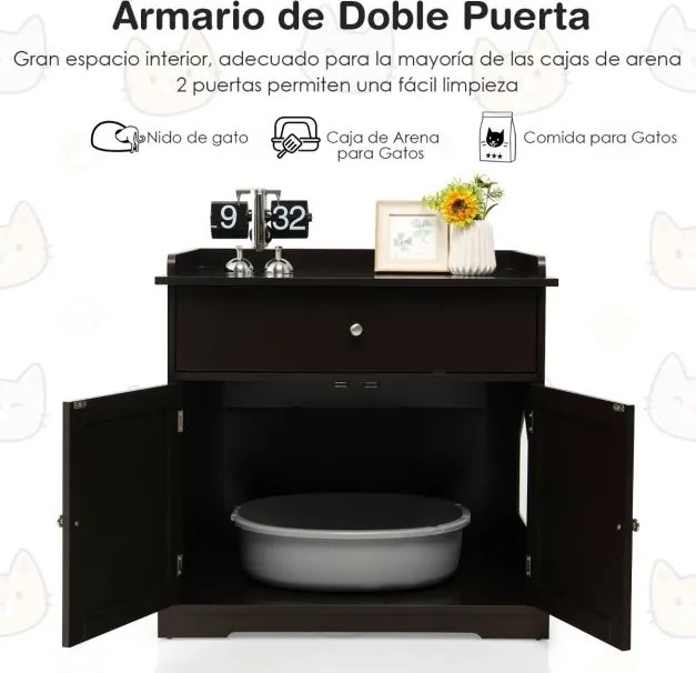 Movel para Caixa de areia para gatos (NÃO INCLUIDA) 76 x 53 x 74 cm com 2 portas Café