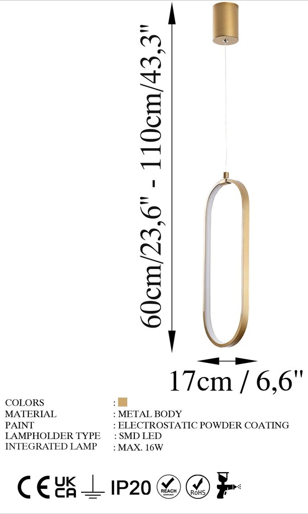 Chandelier Can – Dourado – 17 x 60-110 x 10 cm