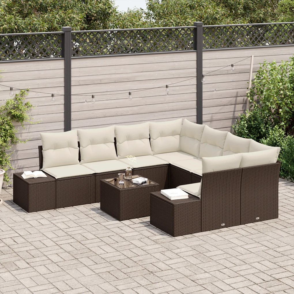 Conjunto de Sofás de Jardim de 9 Peças com Almofadas Castanho Rattan P