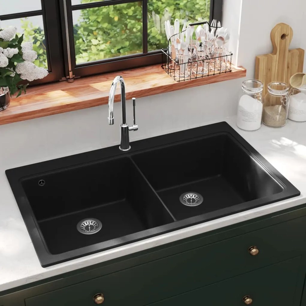 141675 vidaXL Pia de cozinha dupla de granito com bacia, preto