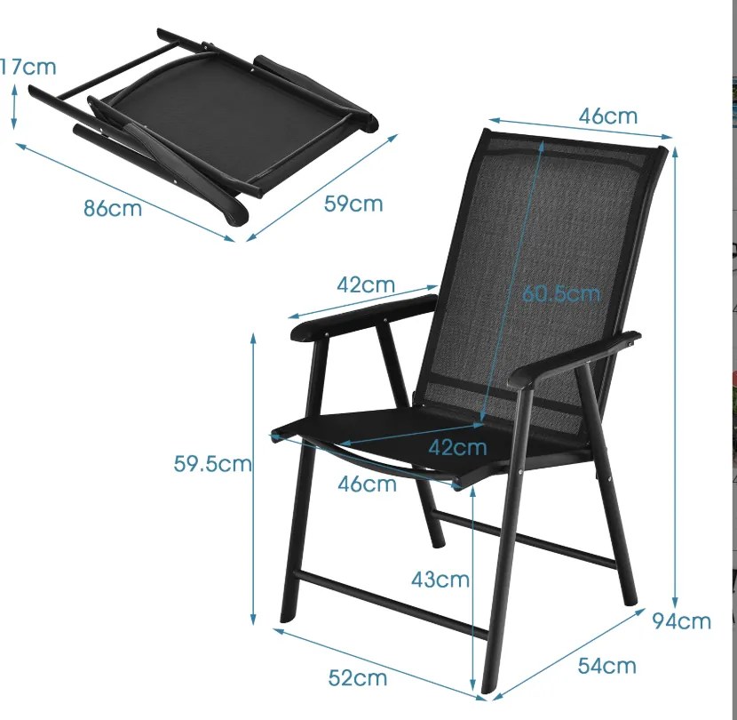 Conjunto de 2 cadeiras dobráveis e portáteis para jardim, campismo, praia, varanda, com apoios para os braços, 68 x 59 x 94 cm, preto