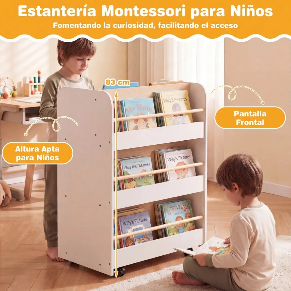Estante infantil de 3 níveis com rodas 62,5 x 40 x 83 cm, carrinho de dupla face para livros, creche ou sala de aula, branca