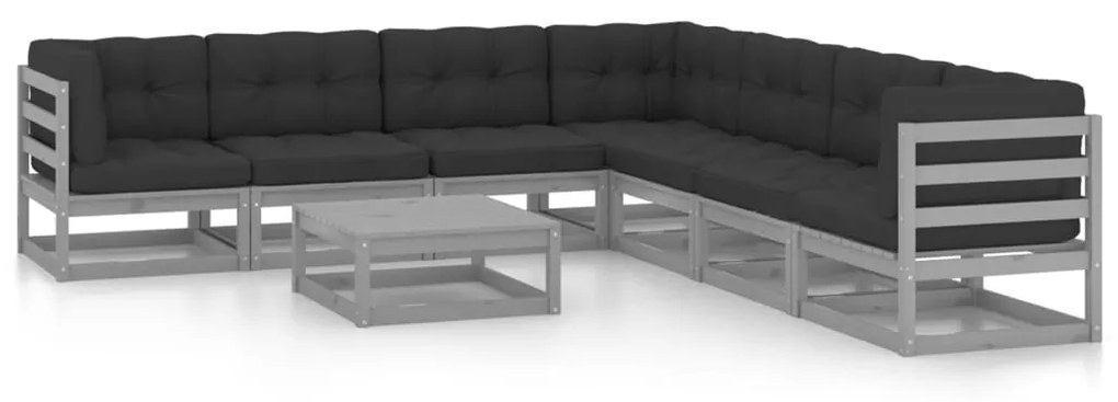 8 pcs conjunto lounge de jardim + almofadões pinho maciço cinza